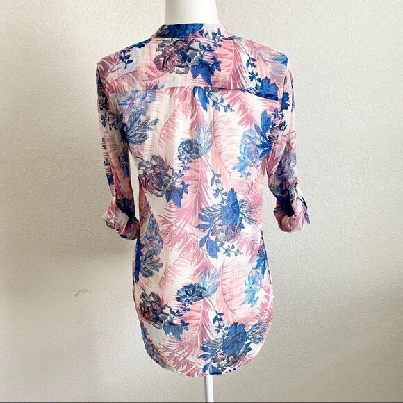 Kut from the Kloth Pink Blue Floral Sheer Relaxed Roll Tab Button Down Top S - Picture 5 of 8